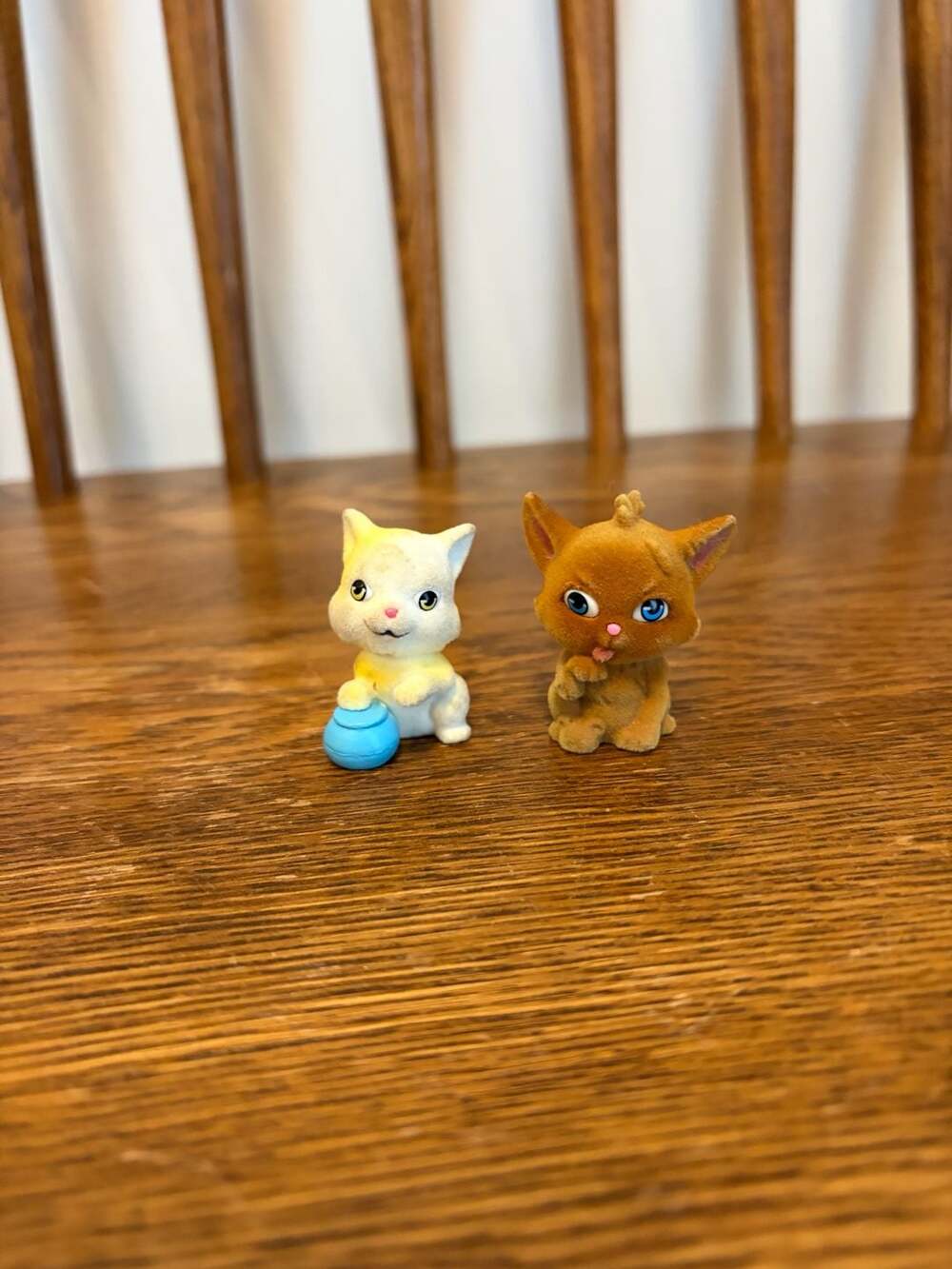 Cat Figures Lot of 2 Flocked Kittens with Bowl